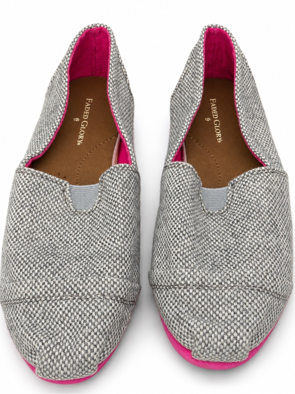 Gray-Tone Woven Slip-On Flats with Pink Accents